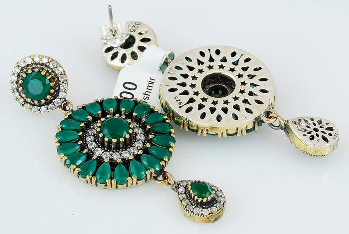 Green Emerald Chandelier Earrings 925 Sterling Silver Ottoman Dome Dangle Drop Earring - KashmirDesigns