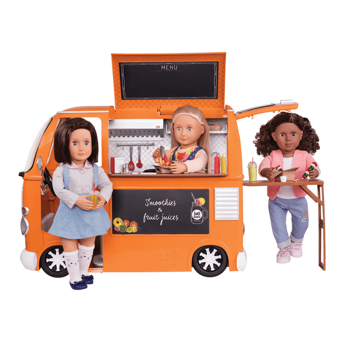Three 18-inch dolls with toy food truck