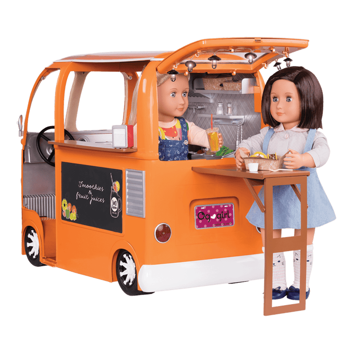 Three 18-inch dolls with toy food truck