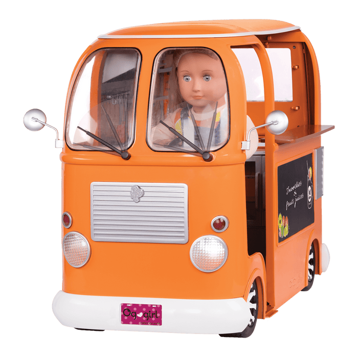 Three 18-inch dolls with toy food truck