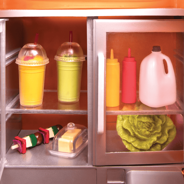 Three 18-inch dolls with toy food truck