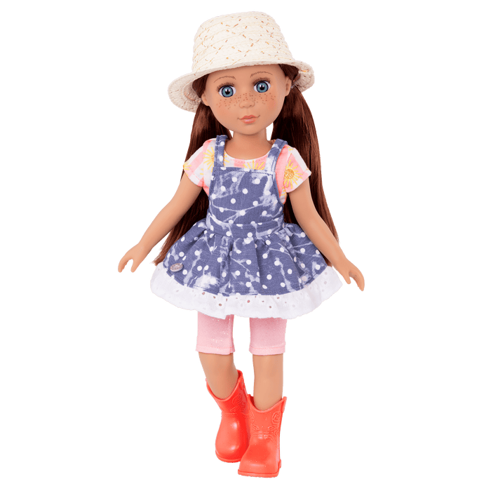 14-inch posable doll with auburn hair and turquoise eyes