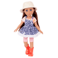 14-inch posable doll with auburn hair and turquoise eyes
