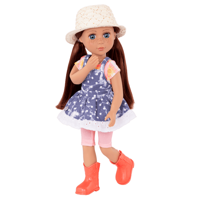14-inch posable doll with auburn hair and turquoise eyes