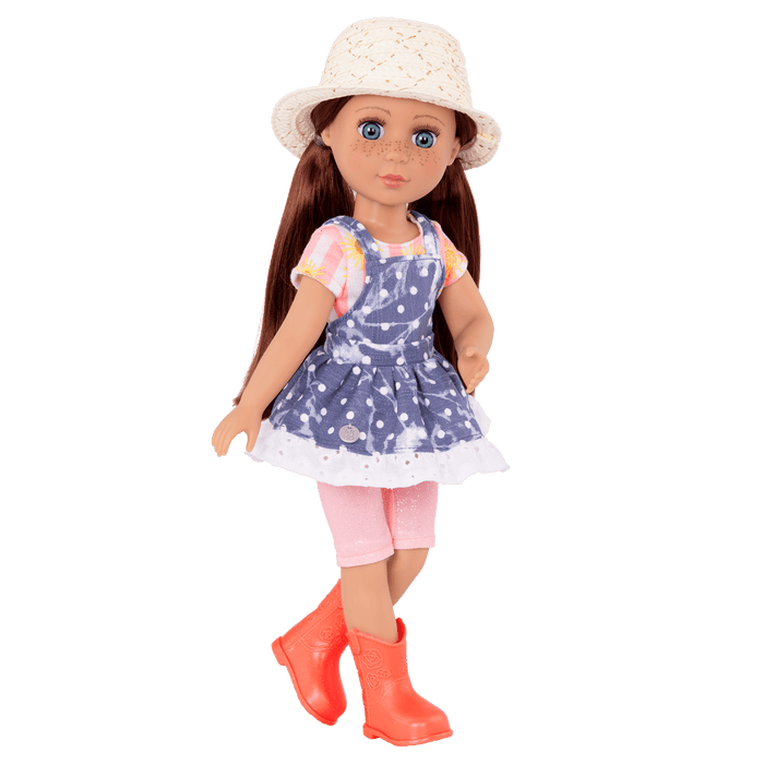 14-inch posable doll with auburn hair and turquoise eyes