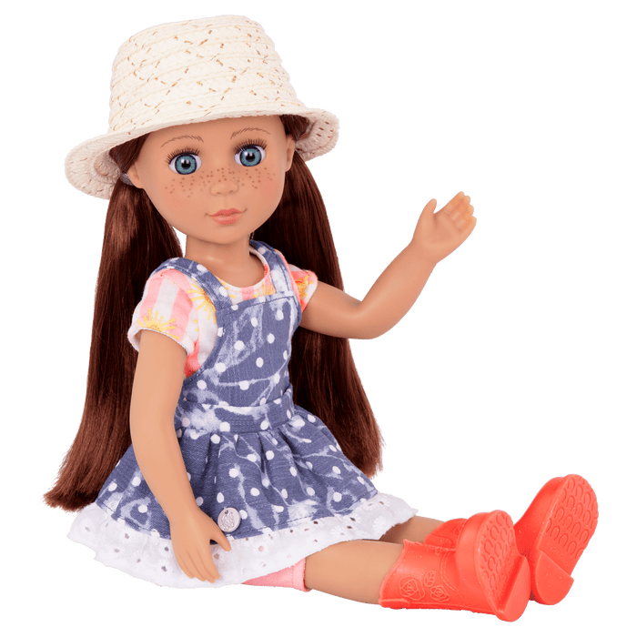 14-inch posable doll with auburn hair and turquoise eyes