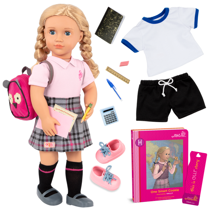 18-inch doll with blonde hair, blue eyes, school accessories and storybook