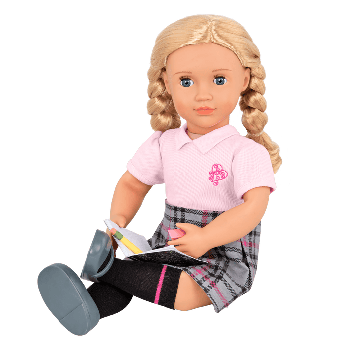 18-inch doll with blonde hair, blue eyes, school accessories and storybook