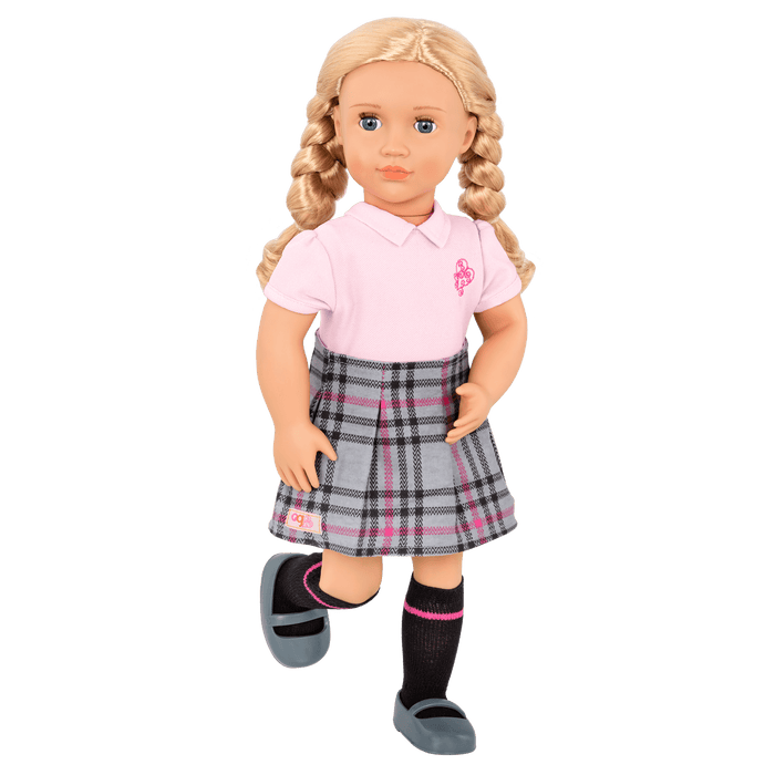 18-inch doll with blonde hair, blue eyes, school accessories and storybook
