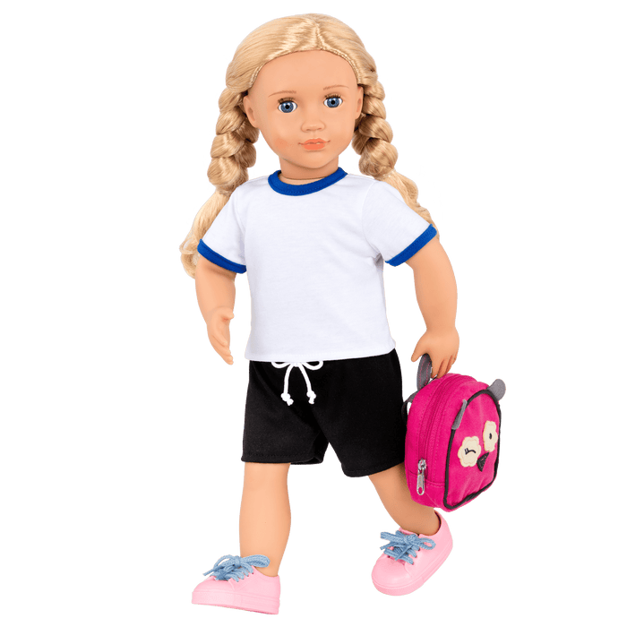 18-inch doll with blonde hair, blue eyes, school accessories and storybook