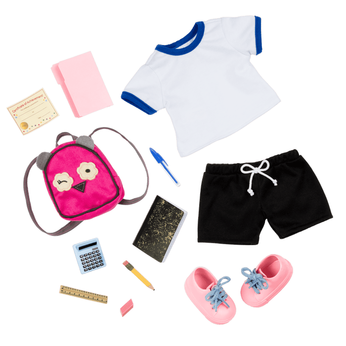 18-inch doll with blonde hair, blue eyes, school accessories and storybook
