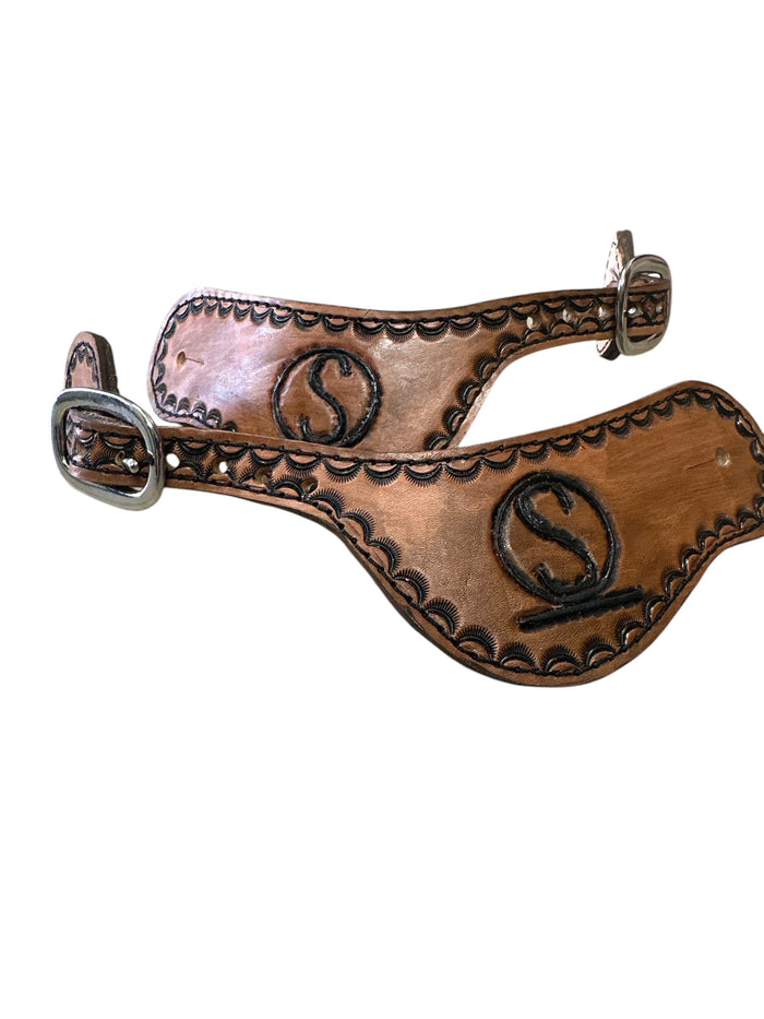 Hand tooled and painted Custom Brand spur straps