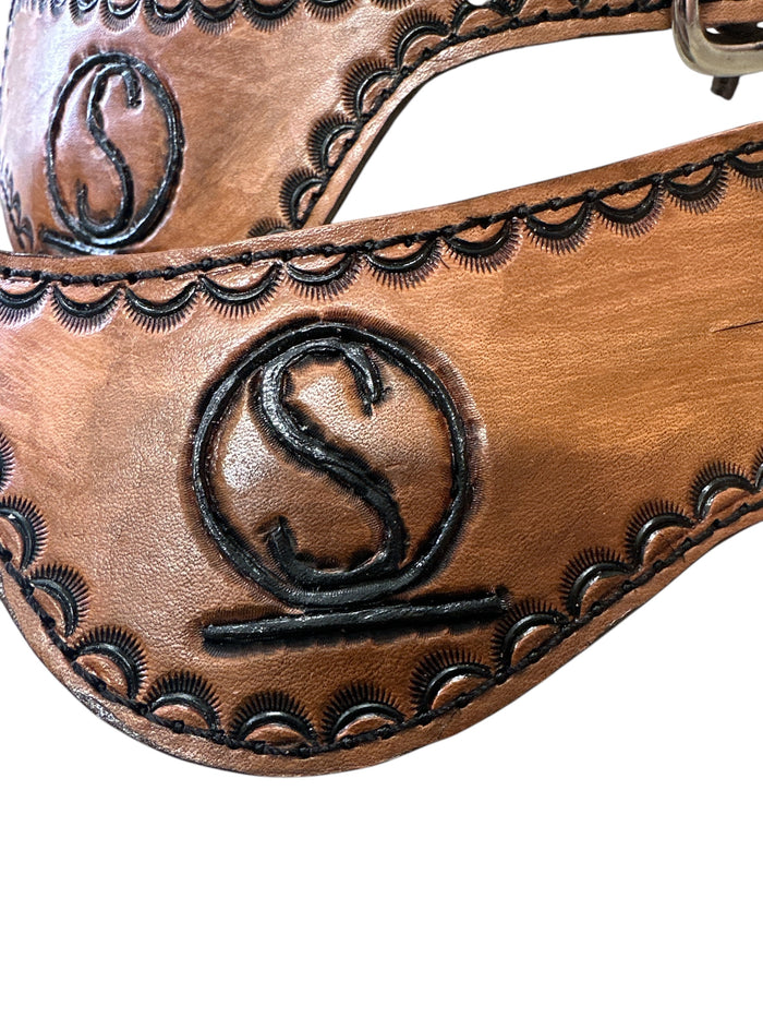 Hand tooled and painted Custom Brand spur straps