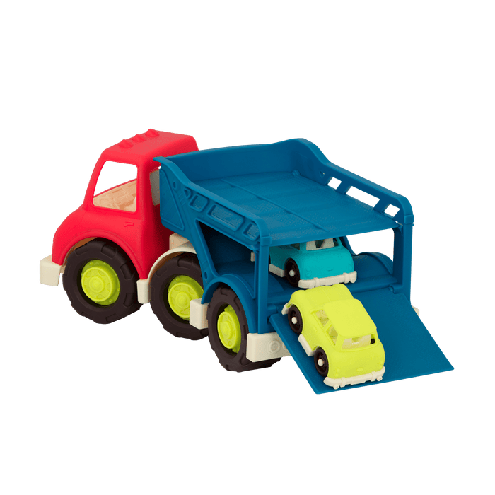 Toy car carrier with two cars.