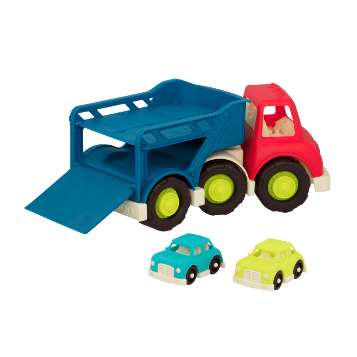 Toy car carrier with two cars.