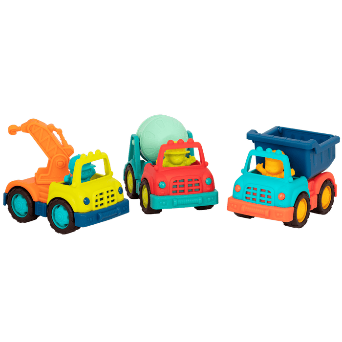 Three toy trucks with drivers.