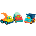 Three toy trucks with drivers.