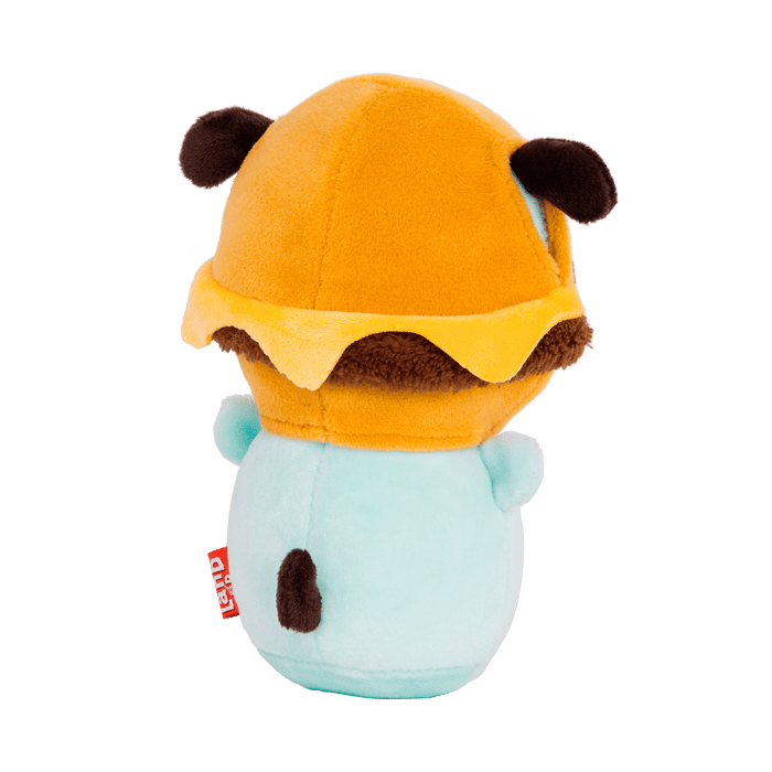 Plush dog with cheeseburger hood.