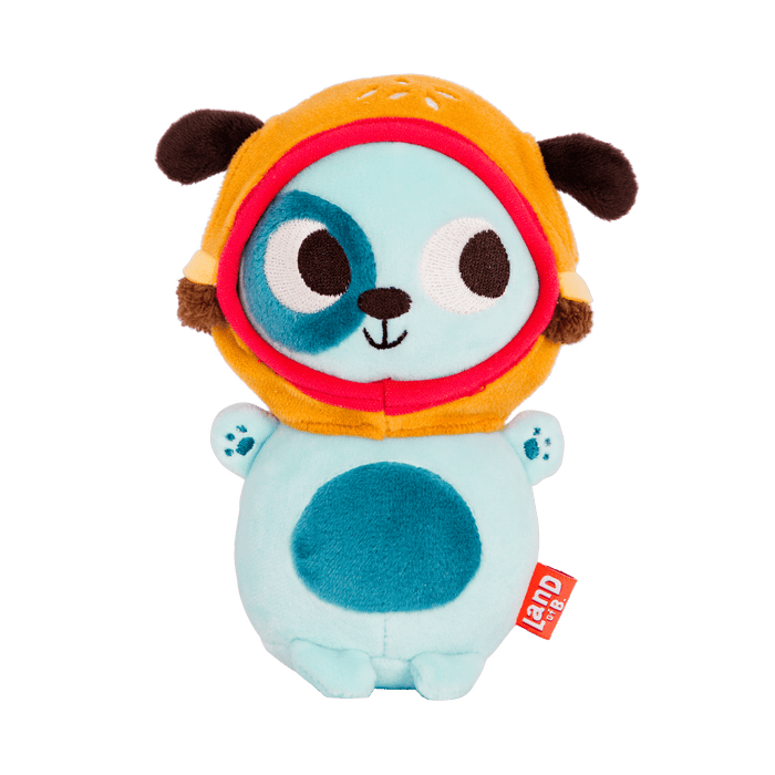 Plush dog with cheeseburger hood.