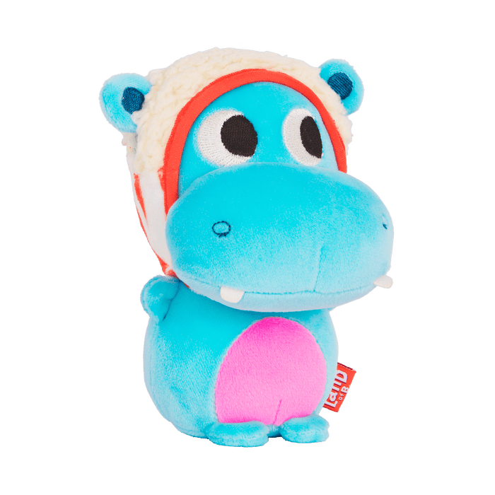 Plush hippo with a popcorn hood.