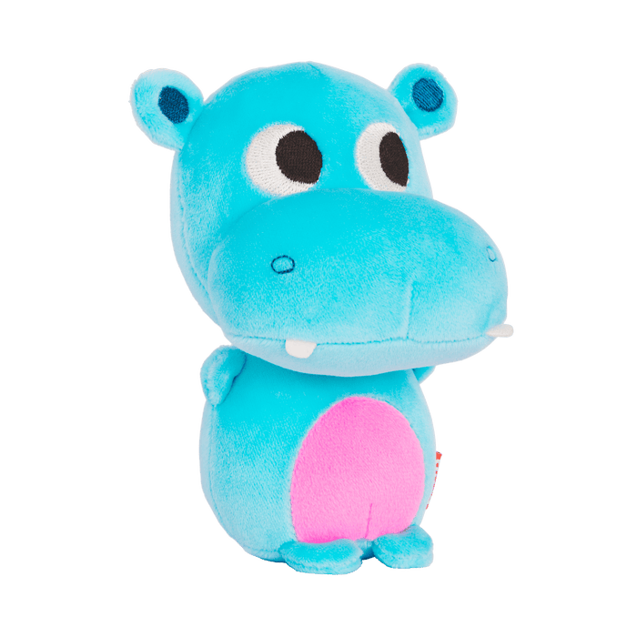 Plush hippo with a popcorn hood.