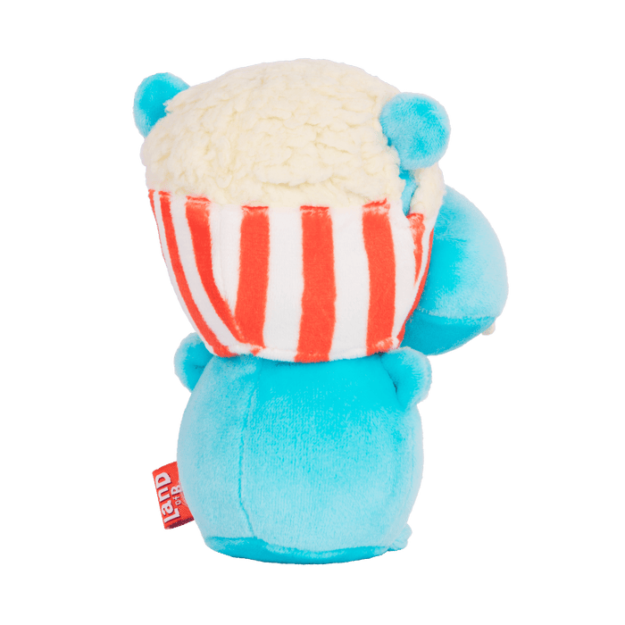 Plush hippo with a popcorn hood.