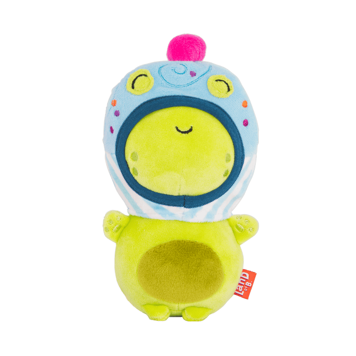 Plush frog with a cupcake hood.