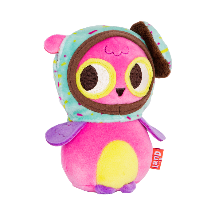 Plush owl with a donut hood.