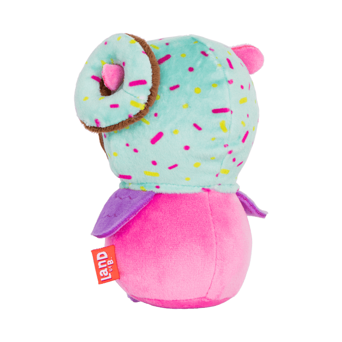 Plush owl with a donut hood.