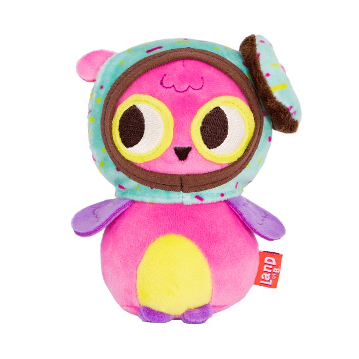 Plush owl with a donut hood.