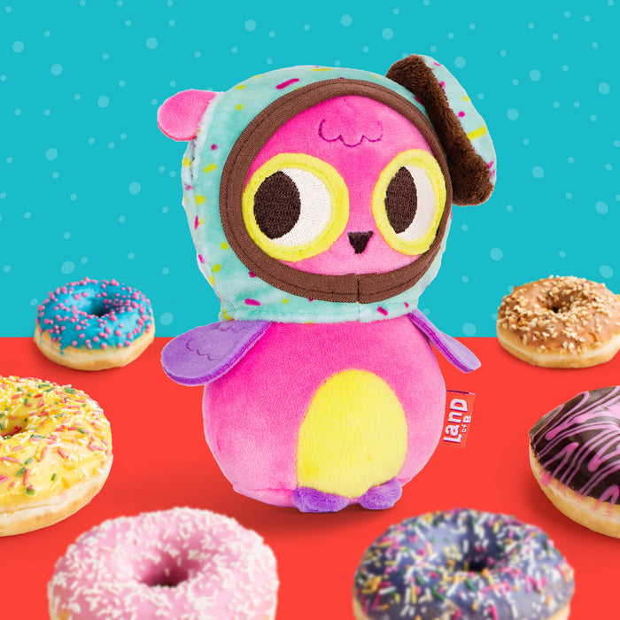 Plush owl with a donut hood.