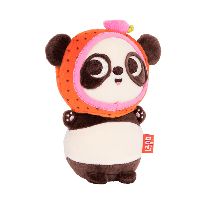 Plush panda with a strawberry hood.