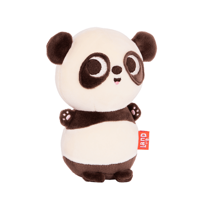 Plush panda with a strawberry hood.
