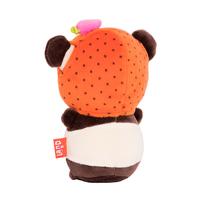 Plush panda with a strawberry hood.
