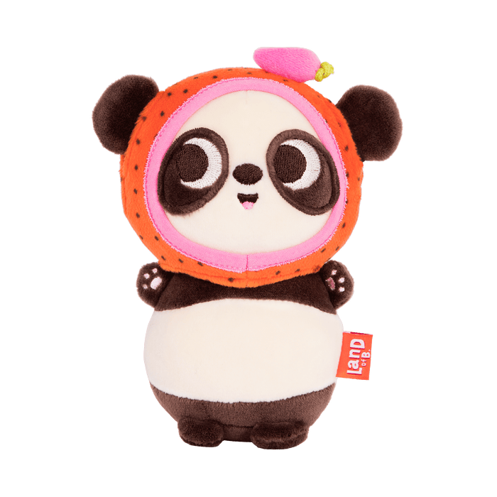 Plush panda with a strawberry hood.