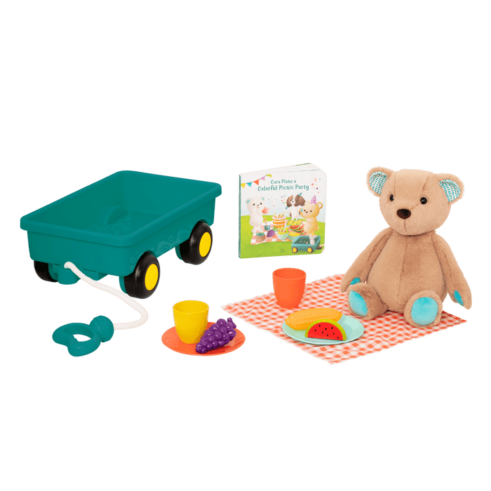 Plush bear with picnic playset and book.