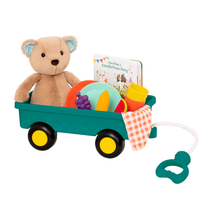 Plush bear with picnic playset and book.