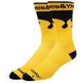 Yellow socks with black accents and visible branding on a white background