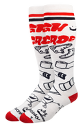 White socks with red and black accents featuring cartoonish designs on a white background
