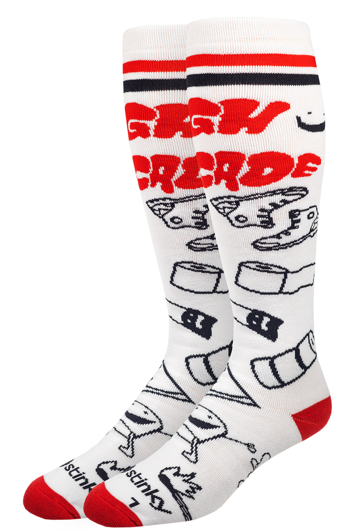 White socks with red and black accents featuring cartoonish designs on a white background