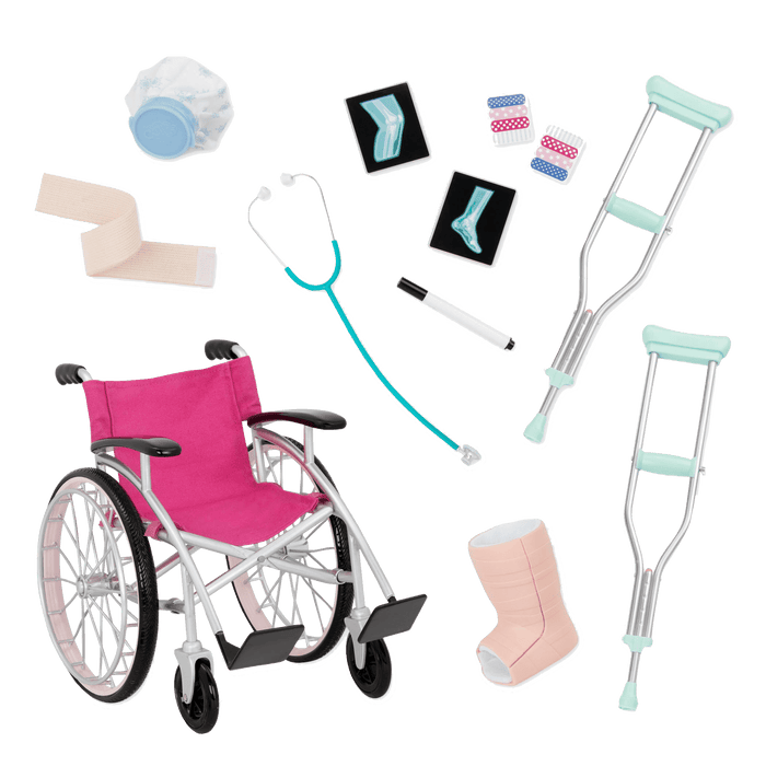 18-inch doll using medical playset and wheelchair