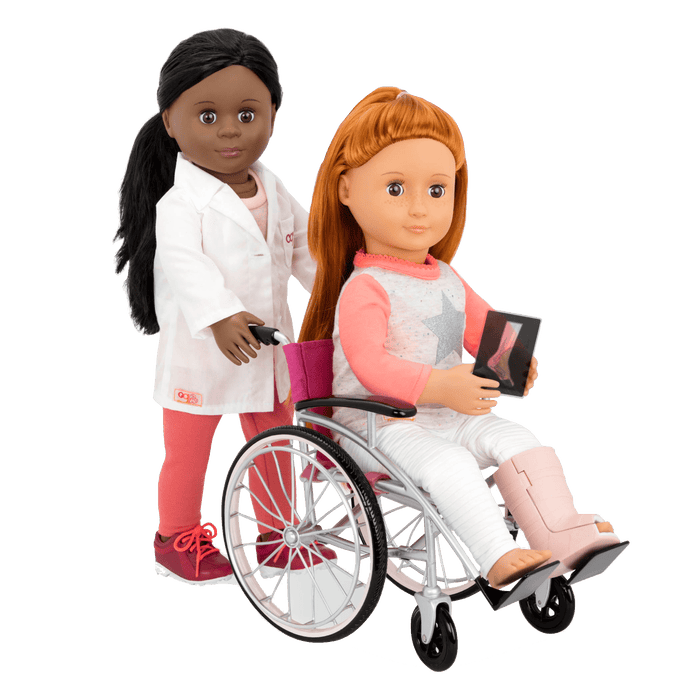18-inch doll using medical playset and wheelchair
