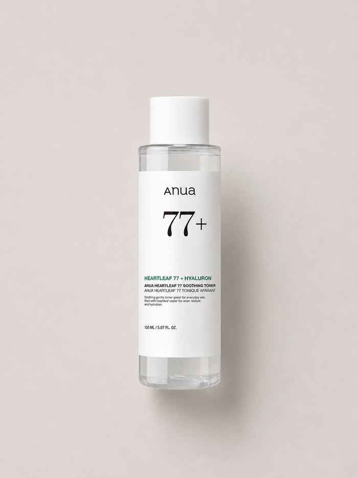 Korean Skincare - Anua  Heartleaf 77+ Hyaluron Soothing Toner in a transparent bottle with a white cap and white label, centered against a light greige background. 150 ml.