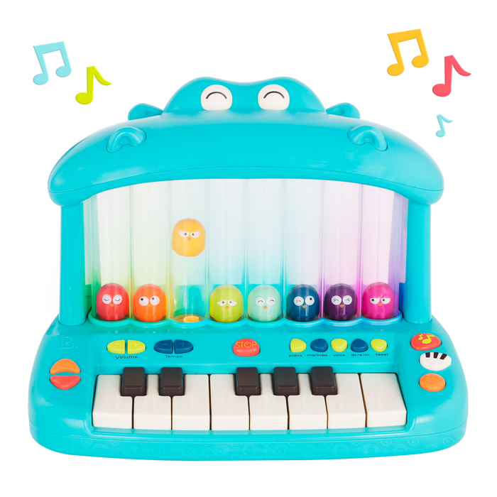 Hippo-shaped play piano for kids with 8 colorful birds.