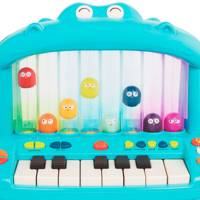 Hippo-shaped play piano for kids with 8 colorful birds.