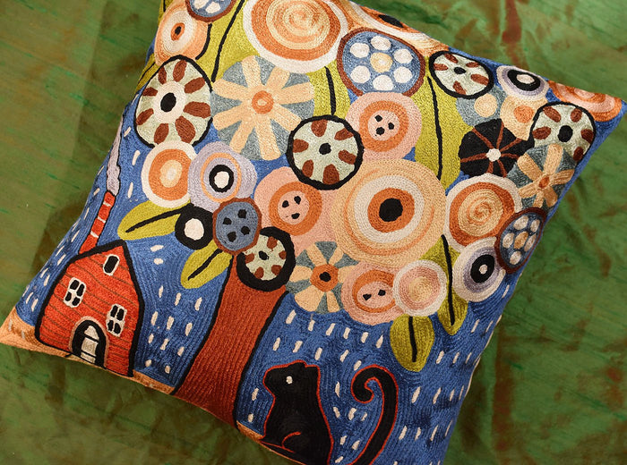 Home Sweet Home Karla Gerard Accent Pillow Cover Handembroidered Art Silk 18"x18" - KashmirDesigns