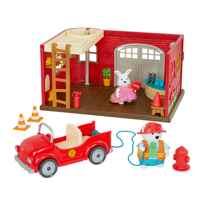 Lil Woodzeez Fire Station Playset with Figurines Storybook
