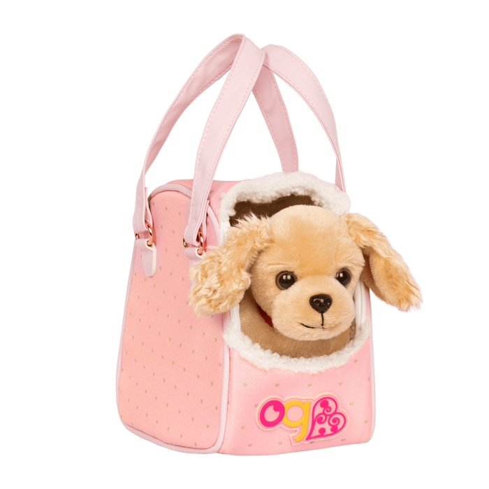 Cocker spaniel dog plushie in pet carrier