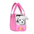 Dalmatian dog plushie in pet carrier