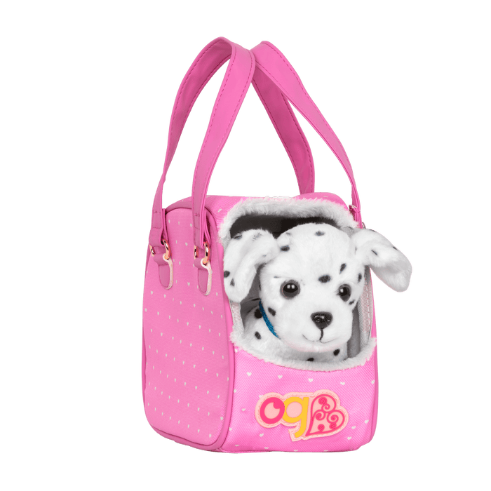Dalmatian dog plushie in pet carrier